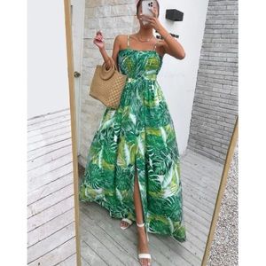 Boho tropical leaves print cami maxi dress